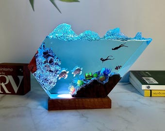 Resin Wood Ocean Night Light: Sea Turtle & Diver Scene