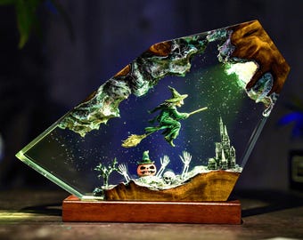 Halloween resin wood lamp, handmade Witch, Pumpkin  Bats, spooky night light, gothic home decor, unique gift, halloween gift