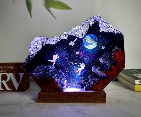 Handmade Interstellar Wood Lamp: Astronaut & Galaxy Resin Art