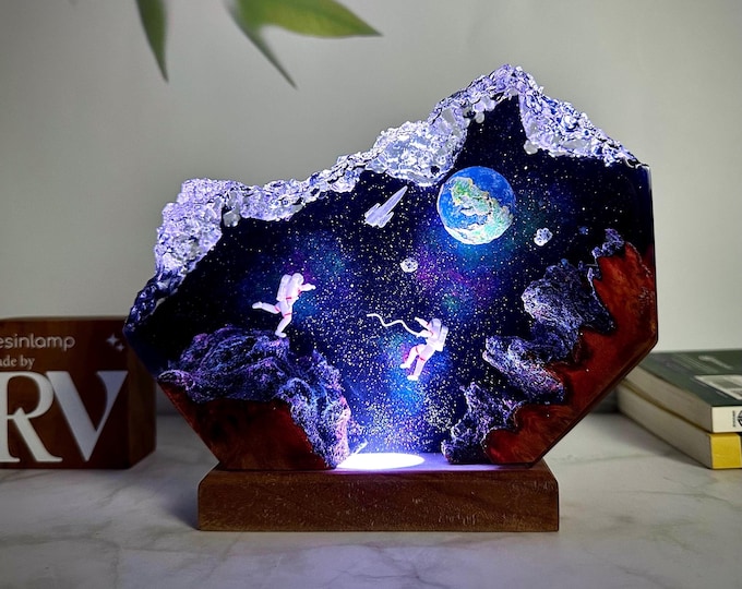 Handmade Interstellar Wood Lamp: Astronaut & Galaxy Resin Art, Galaxy Lamp, Space ship Lamp, Resin night light, personalization Gift