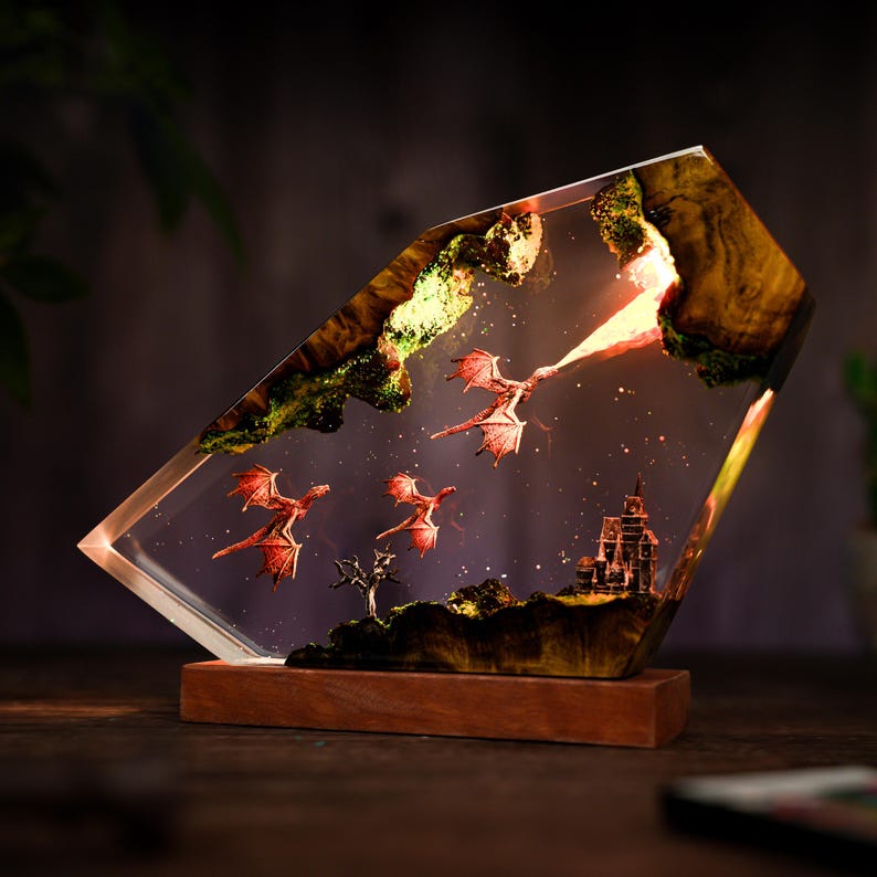 Lampada a forma di drago in resina realizzata a mano: decorazione luminosa Fire & Ice, lampada da tavolo 3D a forma di drago, illuminazione per la casa, regalo di San Valentino, resina epossidica immagine 5