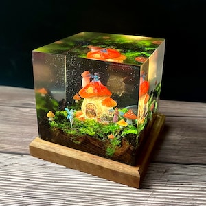 Fairy night light, wooden lamp, fairy forest, mushroom house, shimmering sky, mother gift, girlfriend gift, birthday gift, baby gift image 8