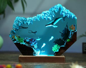 Resin Wooden Whale Lamp, Couple Diver Ocean Night Light, Resin Wood Art Lamp, Unique Gift, Personalized Night Light