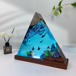 Manta Rays and Diver father and son lamp, deep ocean, Coral, Large Epoxy Resin Wood lamp, Epoxy Resin Table Lamp, Mother day gift