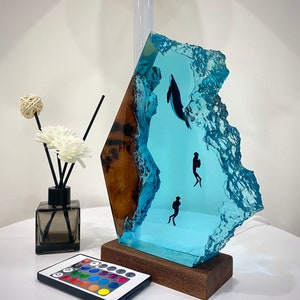 Epoxy Resin Ocean Lamp - Humpback and Couple Diver Night light - Deep Blue Sea - Diver Chasing Whales - Unique Summer Gift