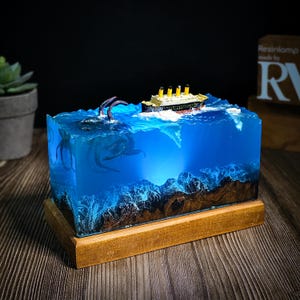 Titanic and Kraken lamp, Gigantic octopus night light, wood resin lamp, handmade furniture and decoration, Christmas gift, haloween gift