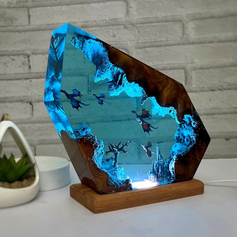 Fire Dragon and Ice Dragon Resin wood lamp, 3d dragon table lamp, Lighting Home Decor, Valentines Day gift image 1