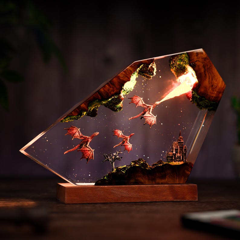 Lampada a forma di drago in resina realizzata a mano: decorazione luminosa Fire & Ice, lampada da tavolo 3D a forma di drago, illuminazione per la casa, regalo di San Valentino, resina epossidica immagine 7