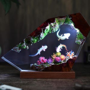 Diorama Axolotl resin Lamp, Mexican Salamander Night light, Resin Wood lamp, gift for kids, Back to school gift, home decoration