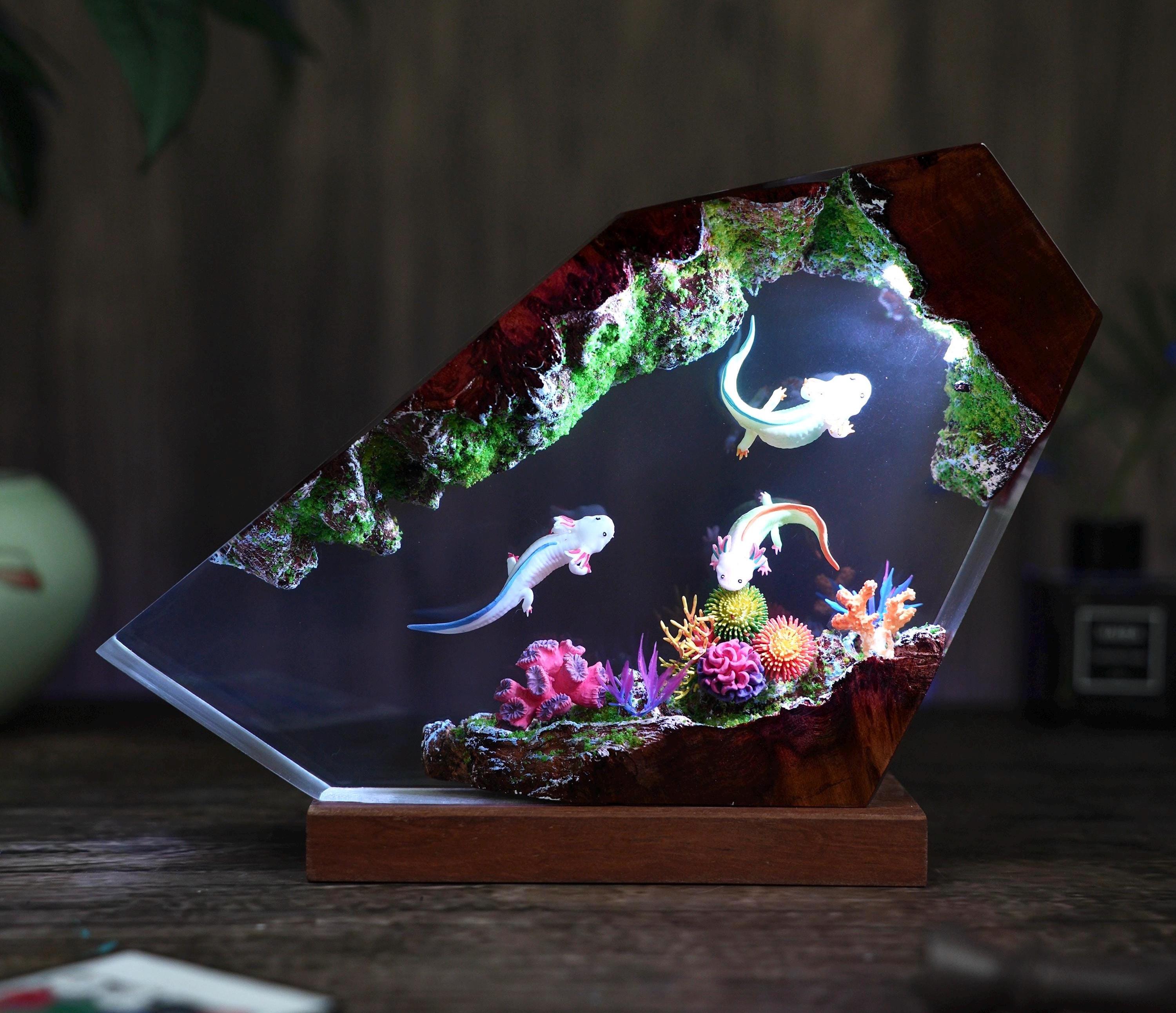 Axolotl Diorama Resin Lamp, Mexican Salamander Night Light, resin art lamp, Unique Christmas, desk lamp, gift for him, home decor