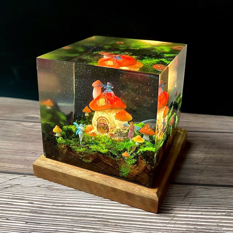 Fairy night light, wooden lamp, fairy forest, mushroom house, shimmering sky, mother gift, girlfriend gift, birthday gift, baby gift image 1