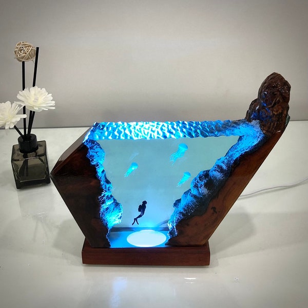 Jellyfish and Diver Epoxy Resin Wood Night light- Ocean Art Resin, Home decor unique gift, Christmas Gift for your Love, Mother day gift