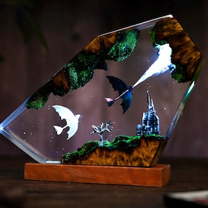 Dragon couple Night Light: Resin Wood Art Lamp with RGB LED, Handmade Flying Duo Light, Fantasy Gift for Her or Kids, graduation gift
