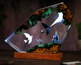 Dragon couple Night Light: Resin Wood Art Lamp with RGB LED, Handmade Flying Duo Light, Fantasy Gift for Her or Kids, graduation gift