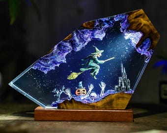 Handmade Halloween resin wood lamp, Witch, Pumpkin  Bats, spooky night light, gothic home decor, unique gift, halloween gift
