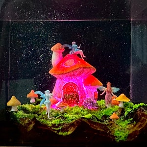 Fairy night light, wooden lamp, fairy forest, mushroom house, shimmering sky, mother gift, girlfriend gift, birthday gift, baby gift image 4