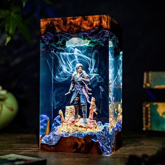 【レジンアート】モノクローム／夜光虫／蓄光／ワイドパネル 60cm × 28cm Diorama Ver.xo Expedition Night Lamp, Clair Shadow Resin & Wood