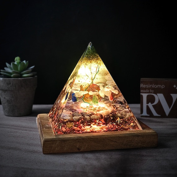 Orgone Crystal Pyramid Lamp- Golden Globe-Energy Generator Orgone Pyramid Lamp-Positive Energy Generator Healing Reiki Chakra EMF Protection