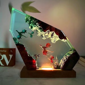 Handmade Fire Dragon and Ice Dragon lamp, Resin wood lamp, 3d dragon table lamp, Lighting Home Decor, Valentines Day gift, Christmas gift