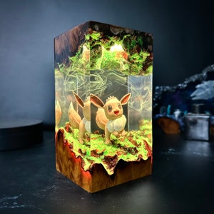 Custom EEVEE wood lamp, custom pokemon, Art Diorama, Epoxy Night Light, Christmas gift, gift for that person, wooden lamp, resin lamp