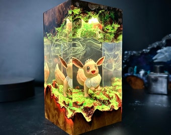 Custom EEVEE wood lamp, custom pokemon, Art Diorama, Epoxy Night Light, Christmas gift, gift for that person, wooden lamp, resin lamp