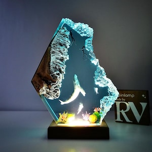 Epoxy Resin Ocean Lamp: Whale & Diver Wood Night Light