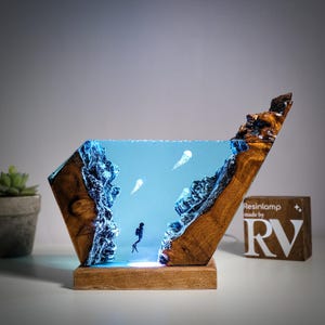 Jellyfish and Diver Epoxy Resin Wood Night light- Ocean Art Resin, Home decor unique gift, Christmas Gift for your Love, gift hor her