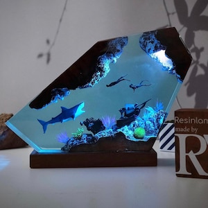 Diorama Great white shark & Couple Diver lamp, Valentines day gift, Kids gift, Free Diving, Unique Summer Gift, Home decor, Christmas Gift