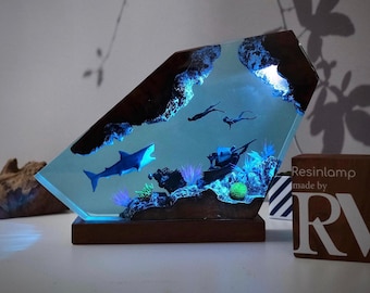 Diorama Great white shark & Couple Diver lamp, Valentines day gift, Kids gift, Free Diving, Unique Summer Gift, Home decor, Christmas Gift