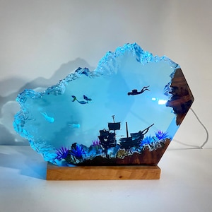 Resin Night Lights,  Little Mermaid & Human Epoxy Resin Wood Night light, Large Epoxy Resin Wood lamp, Free Diving, Unique Gift, Home decor