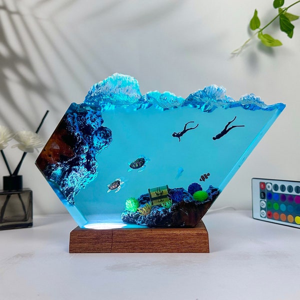 Sea turtle and couple Diver Night Lights, Ocean Night Light, Resin wood lamp,  Home decor, Kids gift, Fathers day gift, Deep Blue Sea