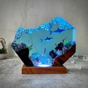 Great White Shark and scuba resin lamp, SCUBA DIVER Epoxy Lamp, ocean night light, gift for him, Christmas gift, home decoration