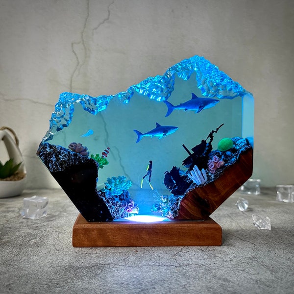 Great White Shark and scuba resin lamp, SCUBA DIVER Epoxy Lamp, ocean night light, gift for him, Christmas gift, home decoration