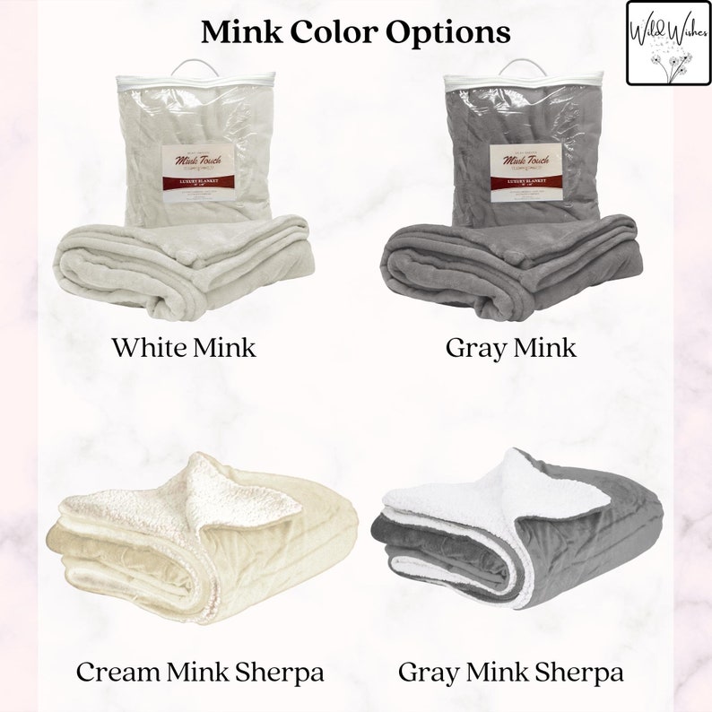 Luxury cozy mink blanket options available in Mink White, Mink Gray, Sherpa Cream, and Sherpa Gray.