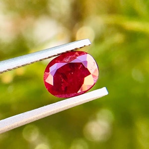 Peut inclure: Une pierre précieuse ovale de couleur rouge foncé tenue par des pinces sur un fond vert flou.