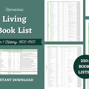 Può includere: Homeschool Living Book List: Storia della forma 1 1800-1900. Una grafica verde e bianca con un elenco di libri per l'homeschooling. Oltre 250 libri elencati. Download immediato.
