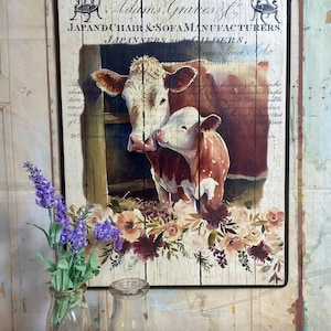 Vaca mamá con ternero bebé colgado en la pared sobre la tapa de una máquina de coser, publicidad vintage, ENVÍO GRATIS,