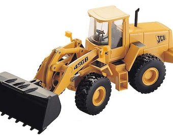 May include: A yellow JCB 456B front loader toy with a black bucket. The toy has a detailed cab with a windshield and a JCB logo on the side.