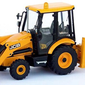 May include: A yellow JCB backhoe loader toy with a black cab and black bucket. The toy has the text "JCB" and "Midix" on the side.
