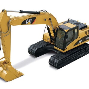 May include: A yellow Caterpillar 325D excavator with black tracks and a large digging bucket. The excavator has a black cab with a large windshield and a CAT logo on the side.