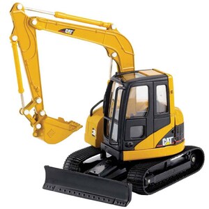 May include: A yellow and black toy construction excavator with a black blade. The excavator has a cab with a clear window and the text "CAT" on the side.