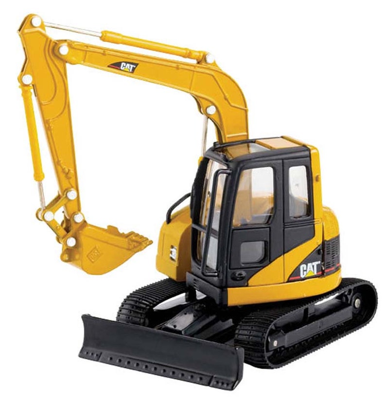 Puede incluir: Un juguete de excavadora de construcci&oacute;n amarilla y negra con una cuchilla negra. La excavadora tiene una cabina con una ventana transparente y el texto "CAT" en el lateral.