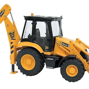 May include: A yellow and black JCB 3CX backhoe loader toy. The toy features a detailed design with a black cab, large black tires, and a working front bucket and rear arm. The JCB logo is visible on the arm and body.