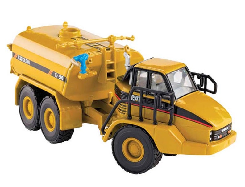 May include: A yellow Caterpillar K-500 water truck toy with a black and red cab and a black roll cage. The truck has a large water tank with the text "X-G KLEIN" on the side.
