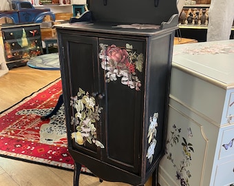 Vintage Black Cabinet with Decoupaged Floral Blooms – Distressed Bedside Table