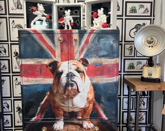 Bull dog themed painted and decoupaged tallboy cabinet