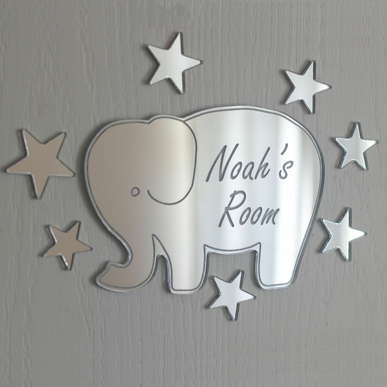 Elephant Mirror Personalised Door Name Plaque Boy Girls Bed Room Sign 