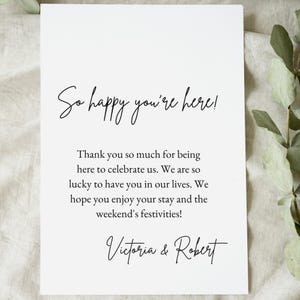 Estou tão feliz que você está aqui, modelo de nota de boas-vindas de casamento Canva, 5 x 7 pol. Download digital, detalhes do casamento, agradecimento de casamento, modelo de nota de boas-vindas