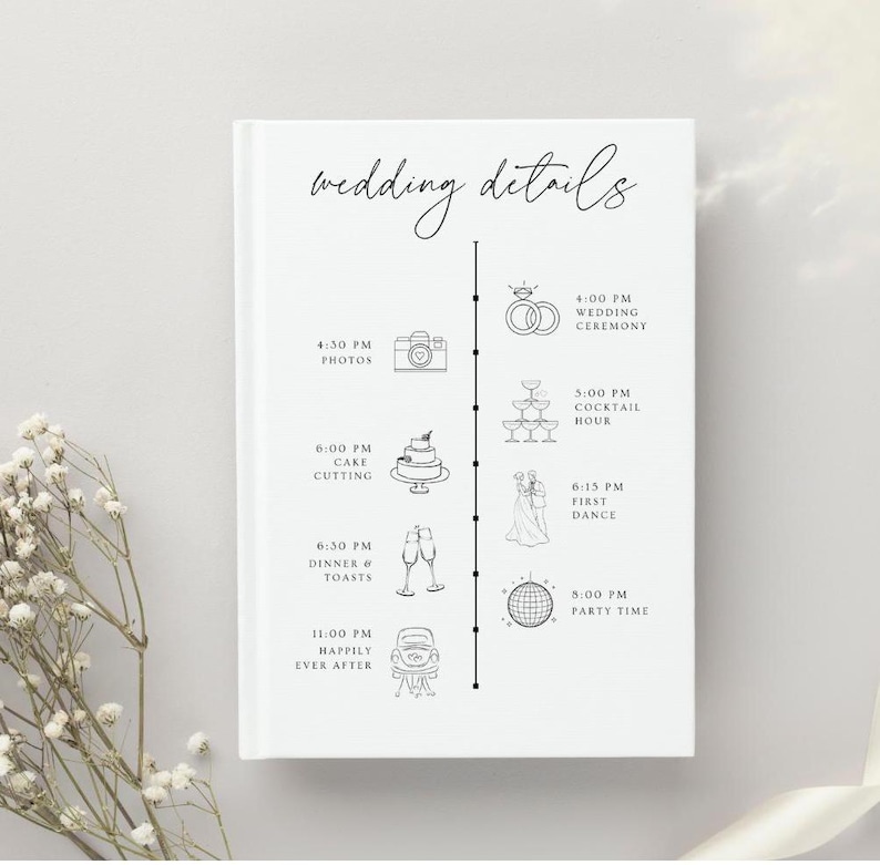 minimalist trendy wedding timeline card with photos