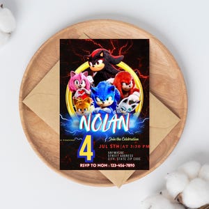 Faire-part d'anniversaire Sonic, Sonic le hérisson, Faire-part de fête Sonic 3 garçons, Ombre le hérisson, modèle de toile modifiable, téléchargement immédiat